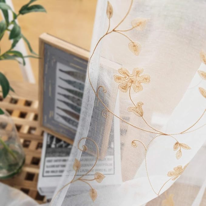 Floral Embroidery Sheer Curtains Beige 95 Inch Length, Rod Pocket Voile Drapes for Living Room, Bedroom, Window Treatments Semi Crinkle Curtain Panels for Yard, Patio, Villa, Set of 2, 52"x 95".