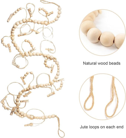 Hanging Photo Display with 18 Wood Clips, Boho Wooden Bead Wall Décor for Bedroom, Living Room, Dorm, Kids Art Picture Display