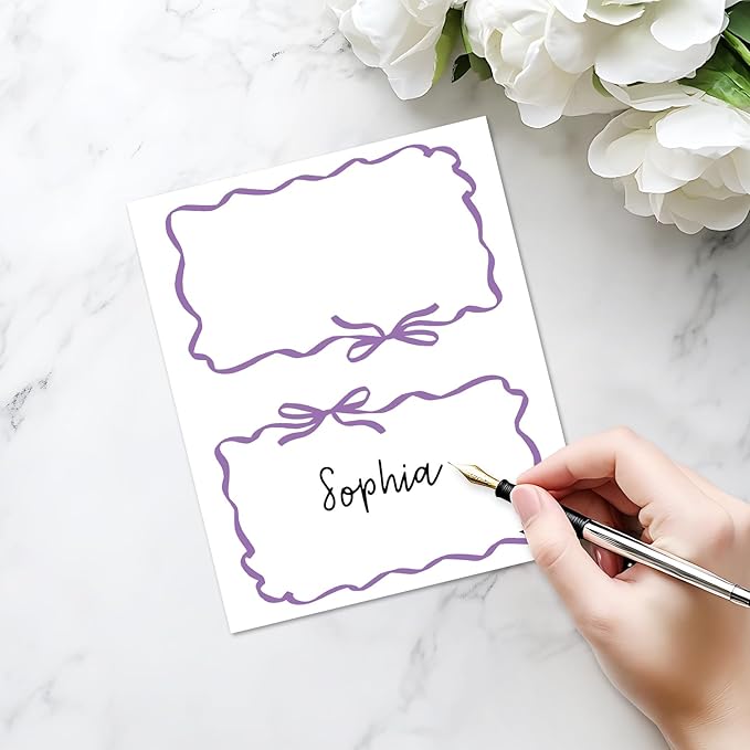 25 Pack Purple Bow Wave Place Cards, Editable Name Cards for Table Setting, Tent Cards Food Label for Dinner Party, Bridal Shower, Wedding, Baby Shower and Events -T16