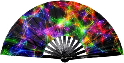 2 Pack Large Folding Rave Fan for Women/Men Holographic Festival Bamboo Clack Hand Fan Decorative Accessories for EDM, Music Festival, Event, Party, Dance, Performance,Halloween (Style-1)