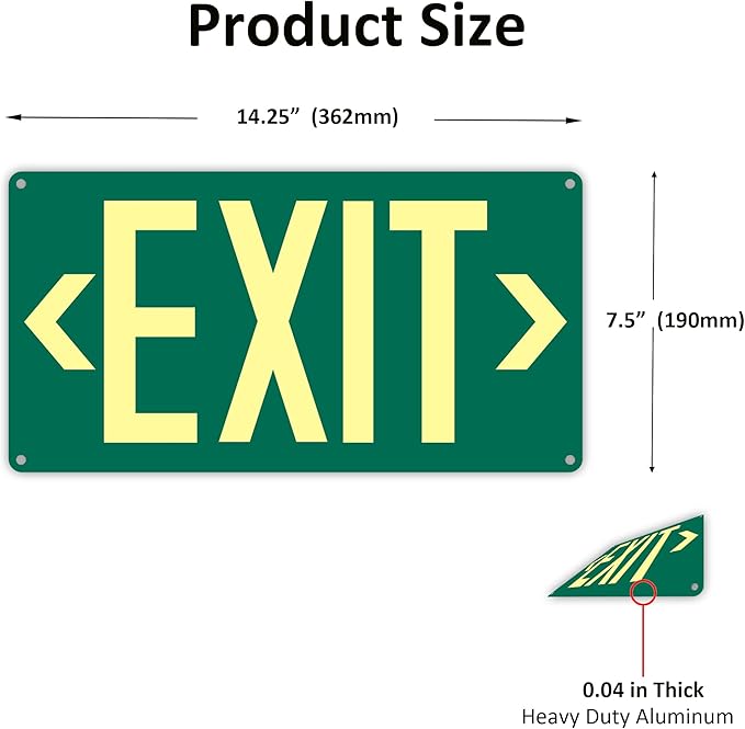 1Pack Photoluminescent Exit Sign Green - Aluminum -14.25"x 7.5" Glow In The Dark Adhesive Backing- Includes 2pcs Removable Arrows- Non Electrical Green Exit Light