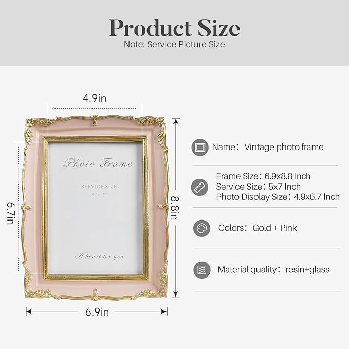 Cuspin Vintage Pink 5x7 Picture Frame, Pink and Gold 5 by 7 Antique Photo Frames, Ornate Textured Hand-Crafted Resin Frame with Glass Front for Tabletop Display, Retro Design Home Decor