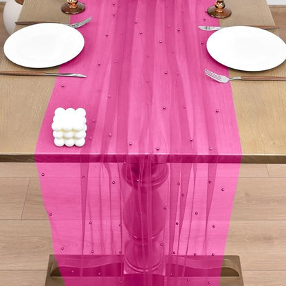 Joanlody Fall Fuschia Pearl Table Runner 10ft Rustic Boho Tulle Table Runner with Pearls for Baby Shower Wedding Party Veil Dessert Thanksgiving Table Decor Hot Pink