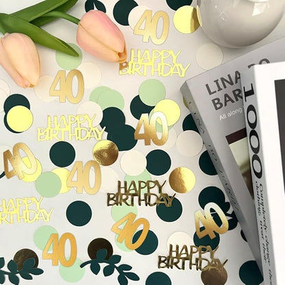 Sage Green 40th Happy Birthday Confetti, 40th Birthday Table Decorations Scatter Green Gold Foil Cake Confetti Decorations for 40 Bday Woman Man Party Decor 230 Pcs