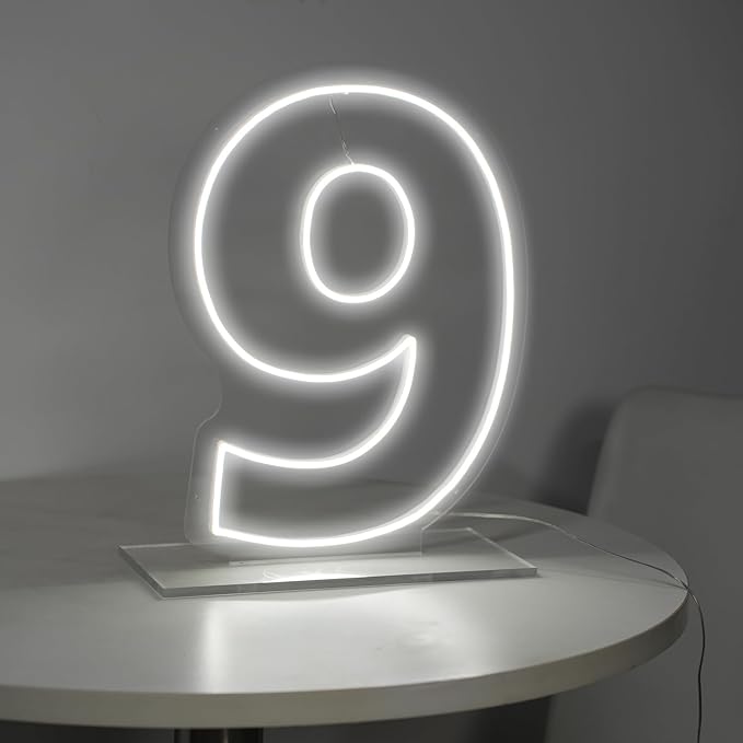 Number 9 Neon Sign for First Birthday, 16.54" Cool White USB Battery Powered Led Neon Sign for Party Wedding Anniversary Decor Light Sign (Number 9)