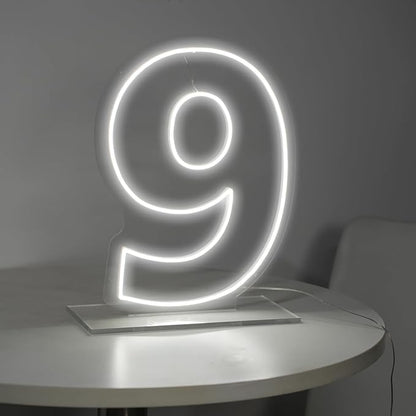 Number 9 Neon Sign for First Birthday, 16.54" Cool White USB Battery Powered Led Neon Sign for Party Wedding Anniversary Decor Light Sign (Number 9)