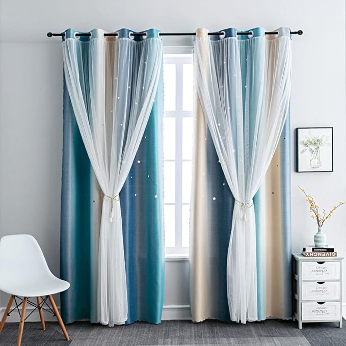 FANLI Ombre Rainbow Blackout Curtains for Kid Girls Bedroom Living Room Darking Stripe Double Layer Star Cut Out Wall Home Decor Gradient Grommet Window Curtains (Blue/Yellow, 52W x 95L)