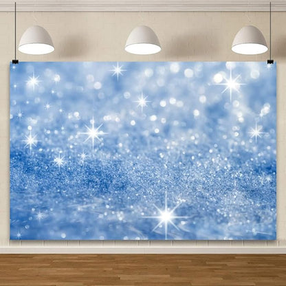 YongFoto Silver Blue Glitter Backdrop 20x10ft Silver Light Spots Blue Sequin Bokeh Photography Background Birthday Bridal Shower Wedding Photography Background Party Banner Portraits Photoshoot Props