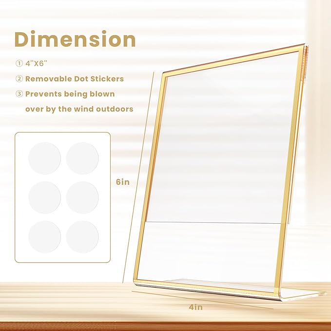 Acrylic Gold Frames 4 x 6, Slanted Back Gold Picture Frames Table Acrylic Sign Holder for Photos Wedding Table Numbers and Art Display with Removable Clear Sticky Dots,6 Pack