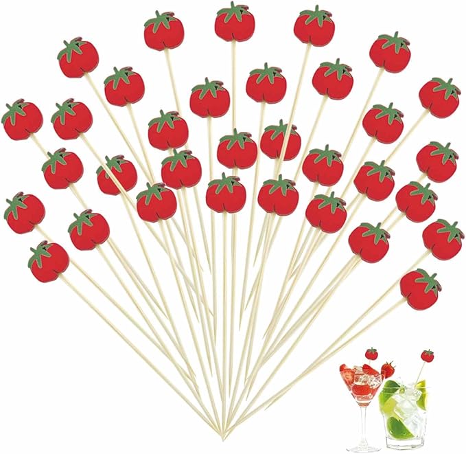 120 Pcs Tomato Cocktail Picks 4.7" Drinks Fruits Hawaiian Party Food Garnish Skewer Sticks Halloween Decorations Supplies Cowboy Handmade Bamboo Toothpicks