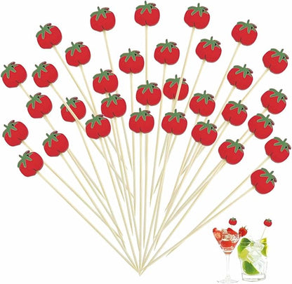 120 Pcs Tomato Cocktail Picks 4.7" Drinks Fruits Hawaiian Party Food Garnish Skewer Sticks Halloween Decorations Supplies Cowboy Handmade Bamboo Toothpicks