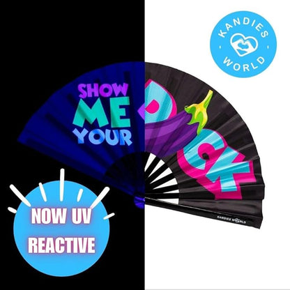 Kandies World UV Reactive Custom Festival Folding Hand Fan - Unique Designs, Made of Bamboo, Clacking Sound, Lightweight - Perfect Rave and Festival Accessory!