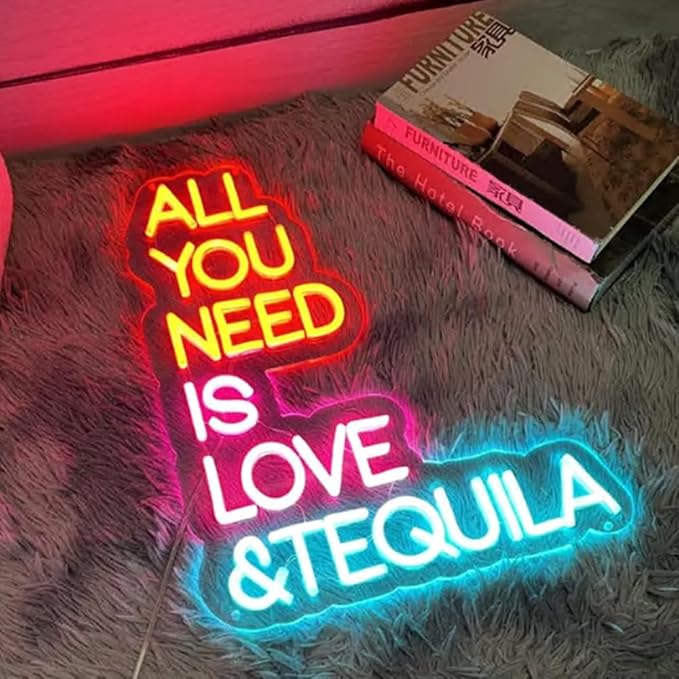 All You Need Is Love & Tequila Neon Sign, Custom Bar Neon Light Home Bar Cocktail Wall Decor Quote Tequila Alcohol Sign USB Size:14x10inch