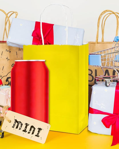 qiqee 50-Packs Bright Yellow Paper Gift Bags with Handles Bulk 4.5"x2.5"x6" Mini Size Party Favor Bags Multiple Uses