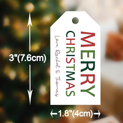 50pcs Custom Merry Christmas Gift Tags Personalized with Your Family Name and Year, Unique Santa Christmas Tree Design Hangtag Party Decorations (Rectangle Tag)