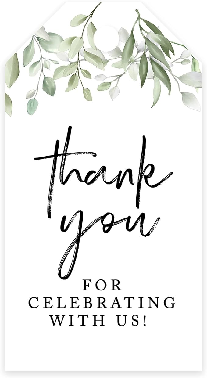 Andaz Press 100-Pack Thank You for Celebrating with Us Favor Tags Greenery Leaves Cardstock Gift Tags with Bakers Twine for Wedding Baby Shower Bridal Shower Birthday Party Favors 2 x 3.75-Inches