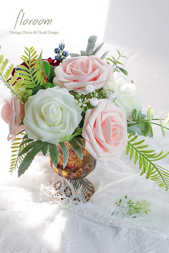 Floroom Artificial Flowers 50pcs Real Looking Blush Foam Fake Roses with Stems for DIY Wedding Bouquets Pink Bridal Shower Centerpieces Floral Arrangements Party Tables Home Decorations