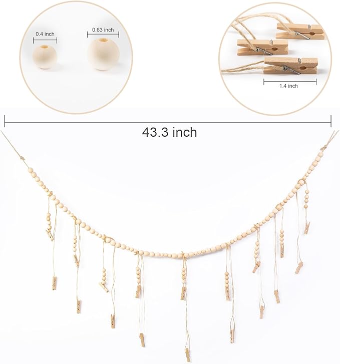 Hanging Photo Display with 18 Wood Clips, Boho Wooden Bead Wall Décor for Bedroom, Living Room, Dorm, Kids Art Picture Display