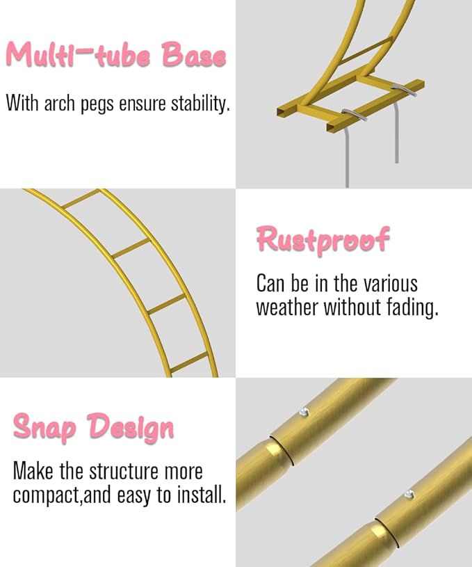 Queension Metal Arch Backdrop Stand 8Ft Wide 7Ft High, Wedding Arch Frame for Wedding Decorations, Balloon Arch Stand with Base for Ceremony, Outdoor Garden Arch Trellis for Climbing Plants, Gold