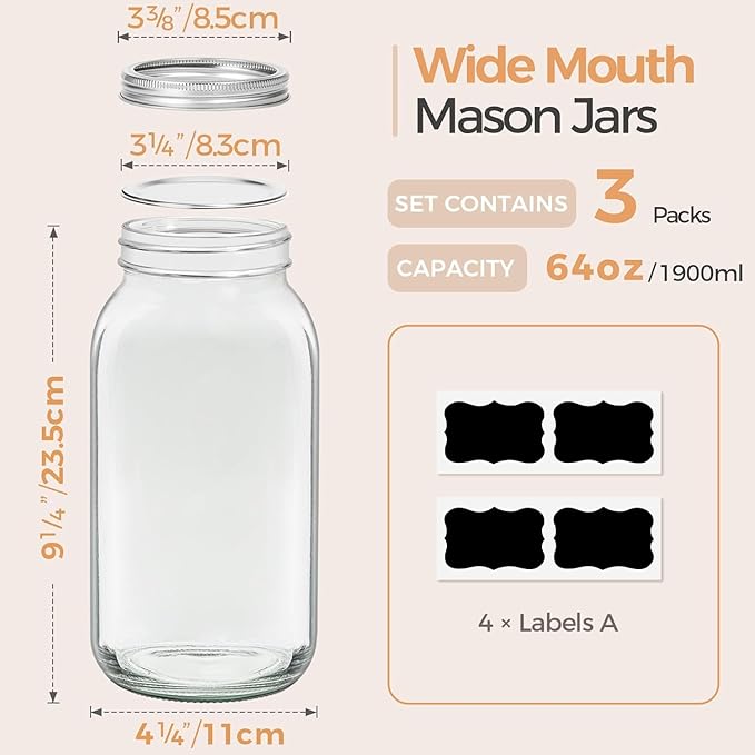 ComSaf Large Mason Jars 64oz Half Gallon 3 Pack, Wide Mouth Mason Jars with Lids and Seal Bands, Glass Canning Jars for Pickling, Jam, Jelly, Salad, Desert, Shower Wedding Favors