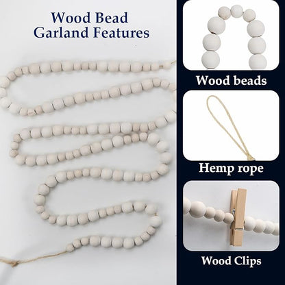 Hanging Photo Display Wall Decor with 15 Wood Clips, 67 Inches Boho Wooden Bead Garland Collage Picture Frame Photos String DIY, Photo Hanger for Bedroom Office Dorm Room Decor Gifts(1PCS)