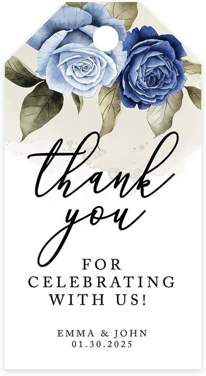 Andaz Press 100-Pack Personalized Thank You Tags with Bakers Twine ICY Blue Roses Custom Cardstock Wedding Gift Tags for Wedding Party Favors 2 x 3.75-Inches