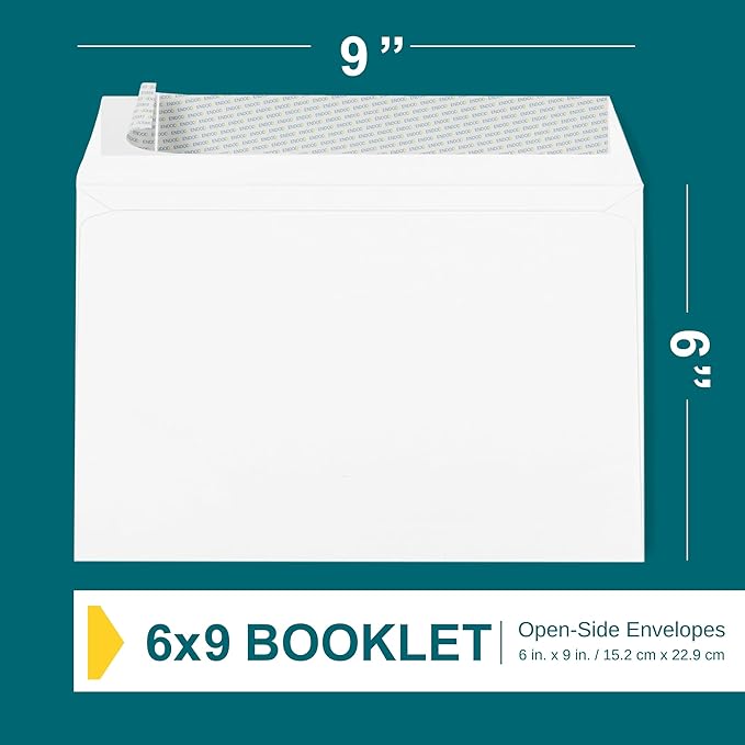 6x9 Booklet Envelopes - 250 Pack - Self Seal Mailing Envelopes - White Letter With Peel & Seal Closure - Open-Side - 28 Lb Paper - Plain for Business and Personal Use