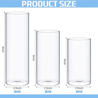 12 Pcs Thin Glass Cylinder Vases 2.5''/3.3'' Diameter 2mm Wall Thickness Clear Flowers Vase Hurricane Floating Candles Holders for Table Centerpieces Wedding Decor (2.5'' X 5'',6'',8'')