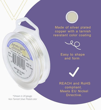 Artistic Wire, 28 Gauge Silver Plated Tarnish Resistant Colored Copper Craft Jewelry Wrapping Wire, Pearl Silver, 40 yd