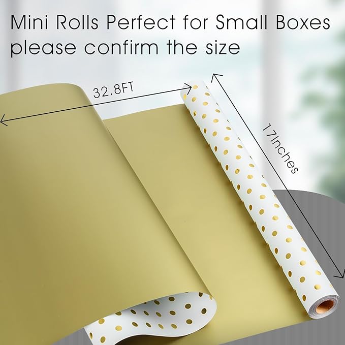 Flyhill Reversible Wrapping Paper-Mini Roll,Gold Foil and Polka Dot Design for Birthday,Holiday,Party,Baby Shower (17 Inch X 32.8 Feet)