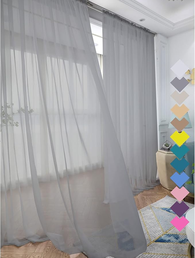 L&TEC Window Gray Sheer Curtains 63 Inches Long 2 Panels Sheer Curtain Basic Rod Pocket Panel for Bedroom Children Living Room Yard Kitchen