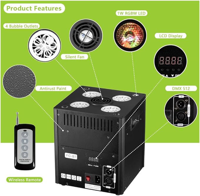 Stage Bubble Machine with Lights, DMX Control, Wireless Remote - Perfect for Weddings, Commercial Performances, Kids’ Parties, and Carnivals