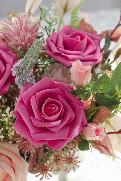 Floroom Artificial Flowers 25pcs Real Looking Hot Pink Foam Fake Roses with Stems for DIY Wedding Bouquets Bridal Shower Centerpieces Floral Arrangements Party Tables Home Decorations