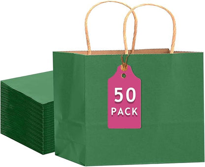 qiqee 50-Packs Kraft Deep Green Paper Gift Bags with Handles Bulk 12.6"x4.3"x10" Wide Large Size Party Favor Bags Multiple Uses