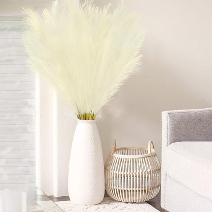 35" Faux Pampas Grass Decor, 8pcs Large Tall Fluffy Artificial Pompous Grass Branches Floral Fake Pompas Grass Bulrush Floor Vase Filler Flower Arrangement for Home Wedding Boho Decor Beige