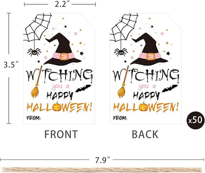 Aukolass 50pcs Happy Halloween Treat Tags,Witch Themed Gift Tags for Halloween Party Favors and Gift Wrapping Decoration(Witching)