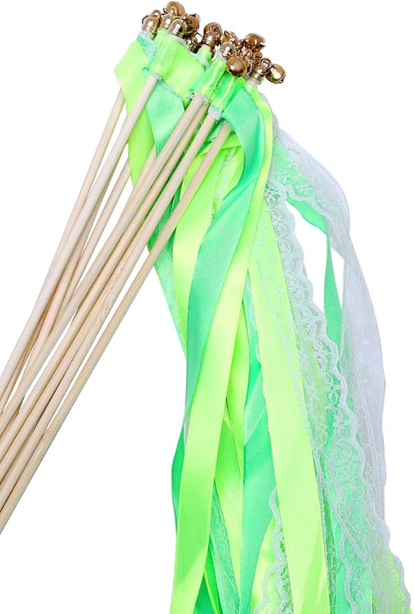 30pcs Lace Ribbon Stick Wands Christmas Birthday Party Streamers Wands Fairy Stick for Wedding Activities (Green+Lace)