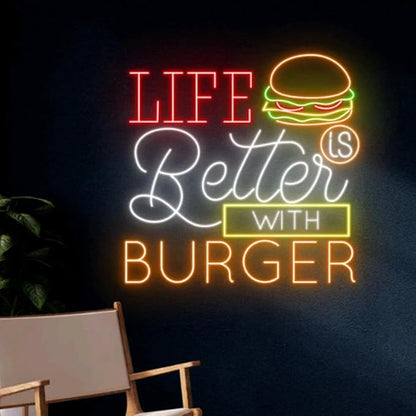 Life Is Better With Neon Burger Sign, Burgers Neon Light, Led Sign, Restaurant Wall Decor, Size:20inches