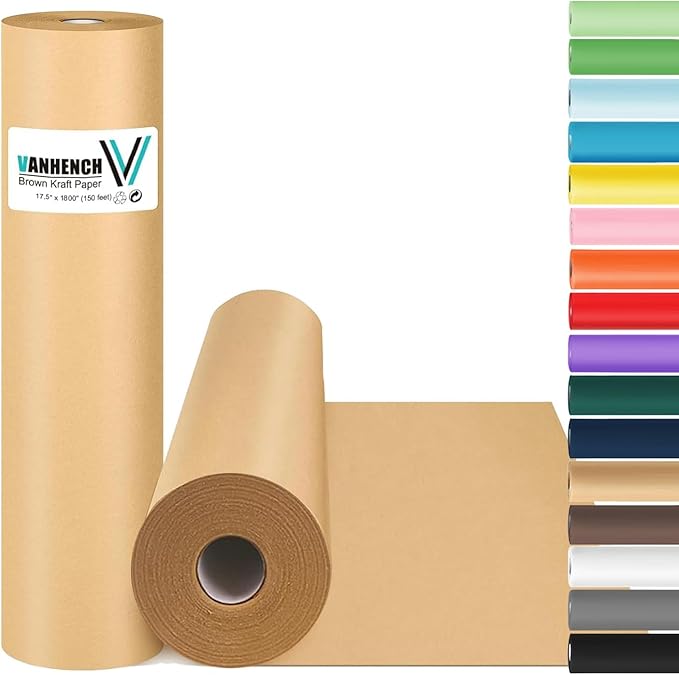 Vanhench Brown Wrapping Paper, Craft Paper, Kraft Paper 17.5"x 1800"(150'), Gift Wrapping Bulletin Board Arts & Crafts, Bouquet Flower Table Covering Poster Packing Shipping Moving Supplies 65GSM 45LB