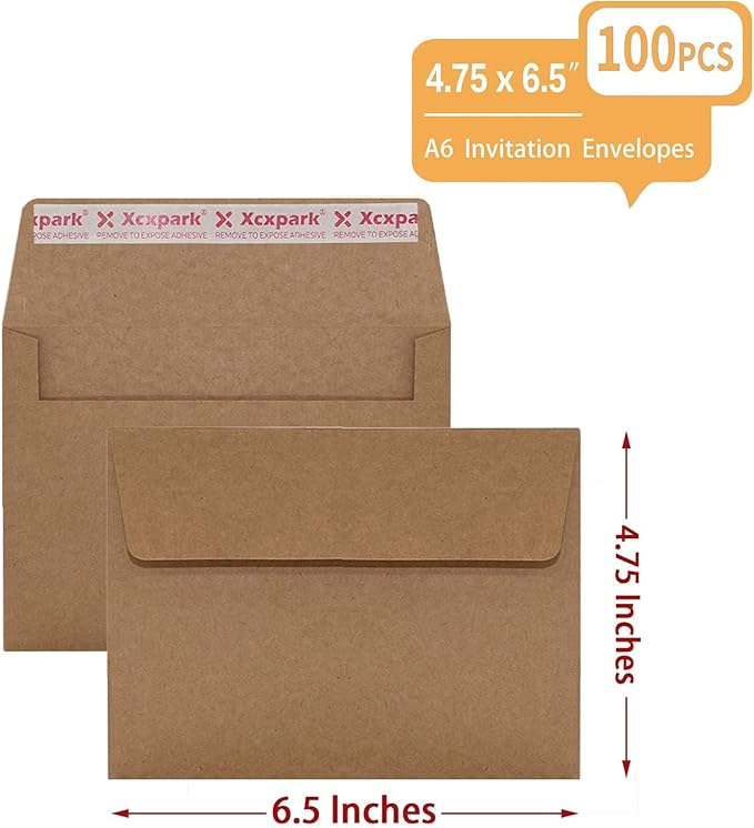100 Qty Printable A6 Invitation Envelopes 4.75x6.5 inches Cards, Self Seal 120GSM Brown Kraft Paper Envelopes for Invitations, Photos, Documents, Wedding, Baby Shower, Easy to Seal and Peel