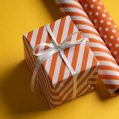 WRAPAHOLIC Reversible Wrapping Paper - Mini Roll - 17 Inch x 33 Feet - Orange and Stripes Design for Birthday, Wedding, Baby Shower, Holiday