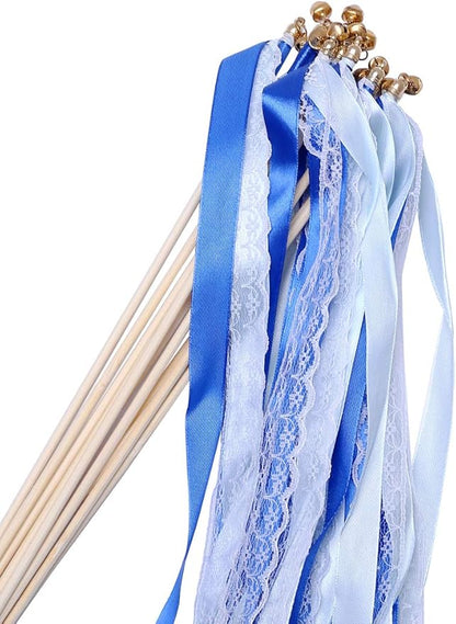 30pcs Lace Ribbon Stick Wands Christmas Birthday Party Streamers Wands Fairy Stick for Wedding Activities (Royal Blue+Lace)
