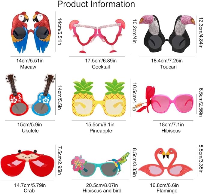 Ocean Line Luau Party Sunglasses - 9 Pairs Funny Hawaiian Glasses, Tropical Fancy Dress Props, Fun Summer Kids Party Favors, Beach Themed Party Supplies Decoration