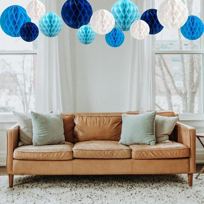 Aiminjey 12Pcs White Blue Paper Honeycomb Flower Balls 6'' 8'' 10'' Decorative Tissue Honeycomb Balls Paper Pom Poms Hanging Flower Balls Craft Kit for Wedding Nursery Room Home Party Décor