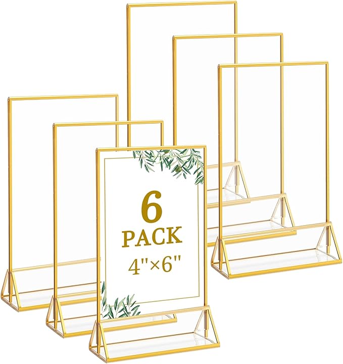Floroom 6 Pack 4x6 Inch Clear Acrylic Sign Holders, Double-Sided Gold Display Stand Picture Frames for Table Numbers, Menus, Flyers, Weddings, and Offices