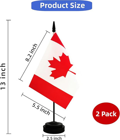 2 Pack Canada Desk Flag, Canadian Table Office Flag with Solid Pole and Stand Base, International Country Flag, Festival Celebration, Classroom Meeting Desktop Decoration (Canada)