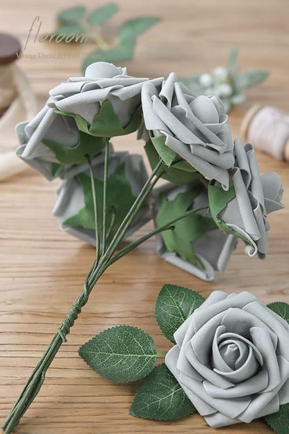 Floroom Artificial Flowers 50pcs Real Looking Silver Grey Foam Fake Roses with Stems for DIY Wedding Bouquets Bridal Shower Centerpieces Floral Arrangements Party Tables Home Decorations