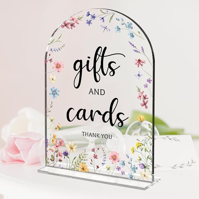 Cards And Gifts Sign, Arch Acrylic Wedding Sign, 5x7 Inch, Wedding Sign Decoration for Wedding Reception & Event Party Table, Bridal Shower Baby Shower Favors for Guests (Flower)