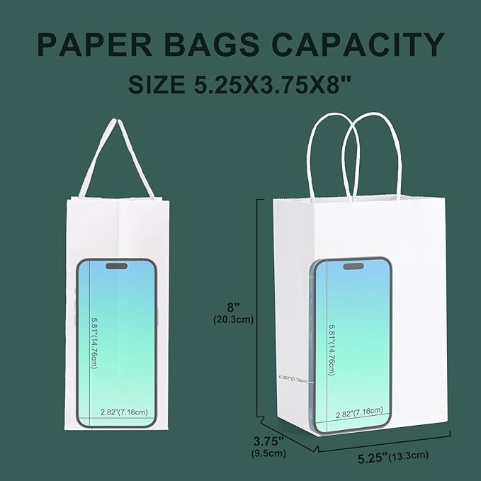 METRONIC Paper Gift Bags 5.25x3.75x8 50Pcs, White Paper Bags with Handles, Kraft Paper Bags for Small Business, Heavy Duty Bulk Paper Bags for Birthday Party Favors, Shopping, Retail, Merchandise