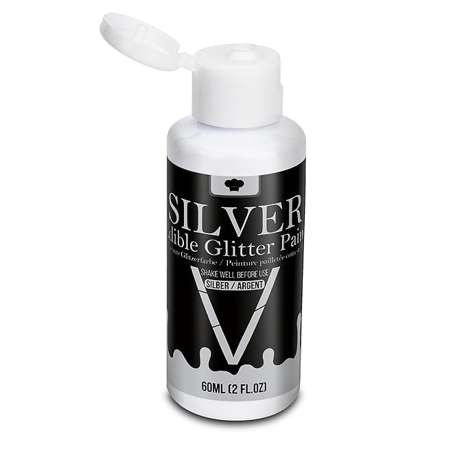 Edible Silver Glitter Paint - 2 fl.oz / 60ml Food Safe Edible Paint for Cake Decorating, Chocolate, Cocktail, Cupcakes - Silver Edibles Glitter Liquid Luster Dust for Halloween Candy, Drinks, Baking
